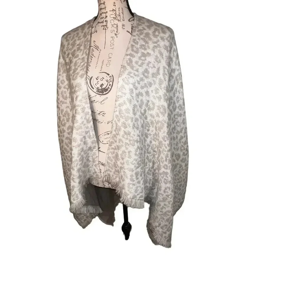 Snow Leopard print Cozy Poncho with fringe asymmetrical hem L=32-42” W=50”